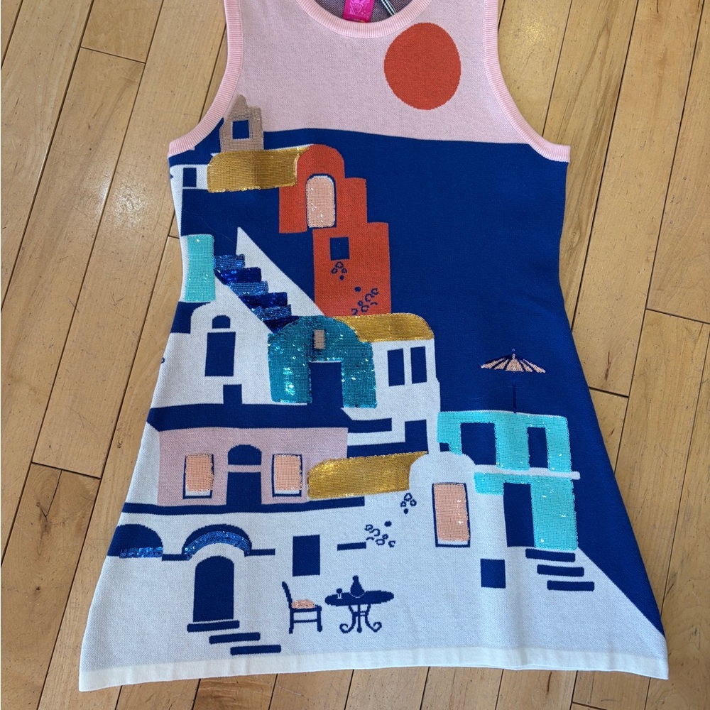 QUEEN OF SPARKLES Pink & Blue Mini Dress with Sequin Village Motif
